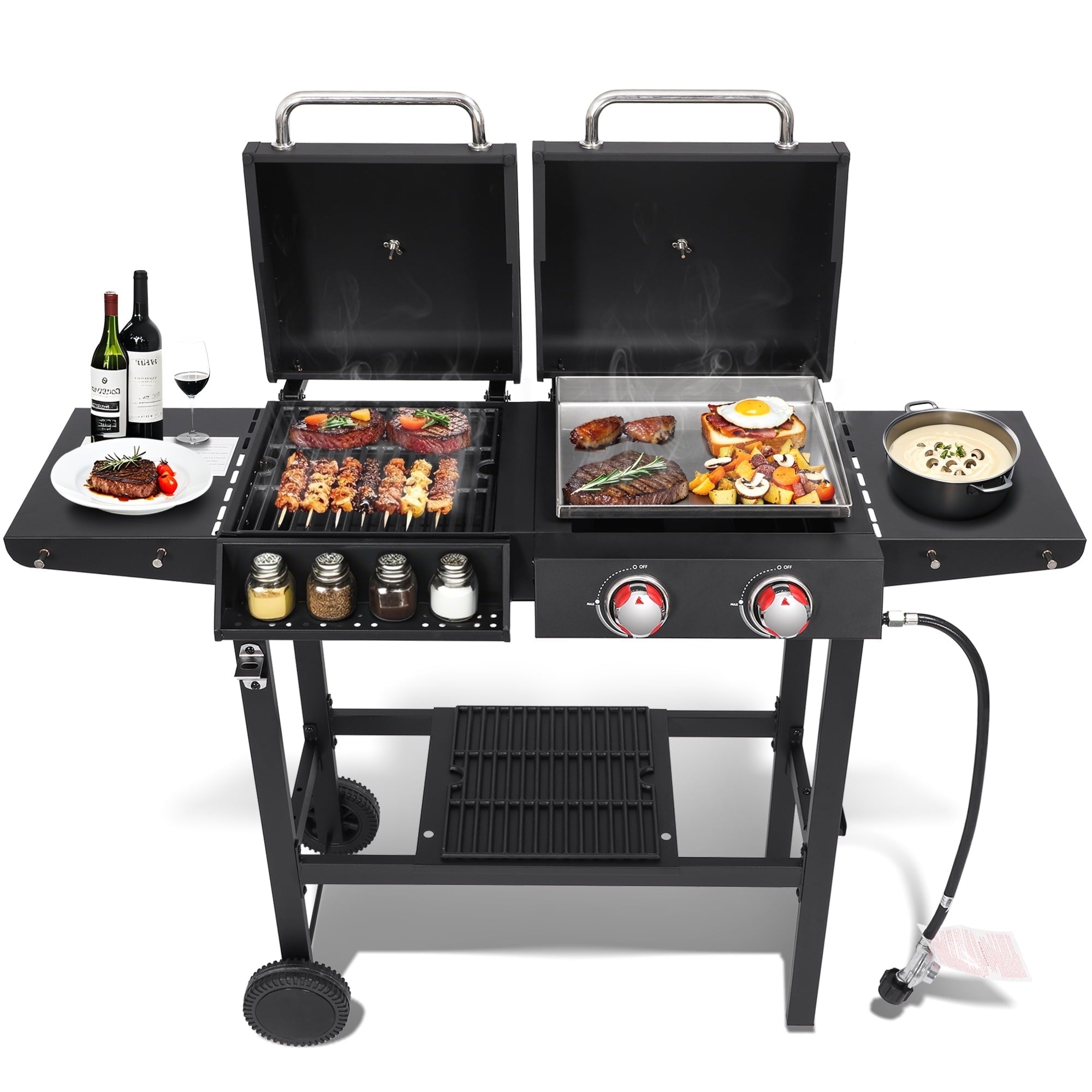 2-Burner-Propane-Gas-Charcoal-Combo-Grill-Griddle-19100-BTU-Outdoor-BBQ-Smoker-BBQ-Grill-Side-Burner-Cast-Iron-Grates-Temperature-Gauge-Cart-Wheels_65642491-d139-4a15-9286-c15f553ea3d