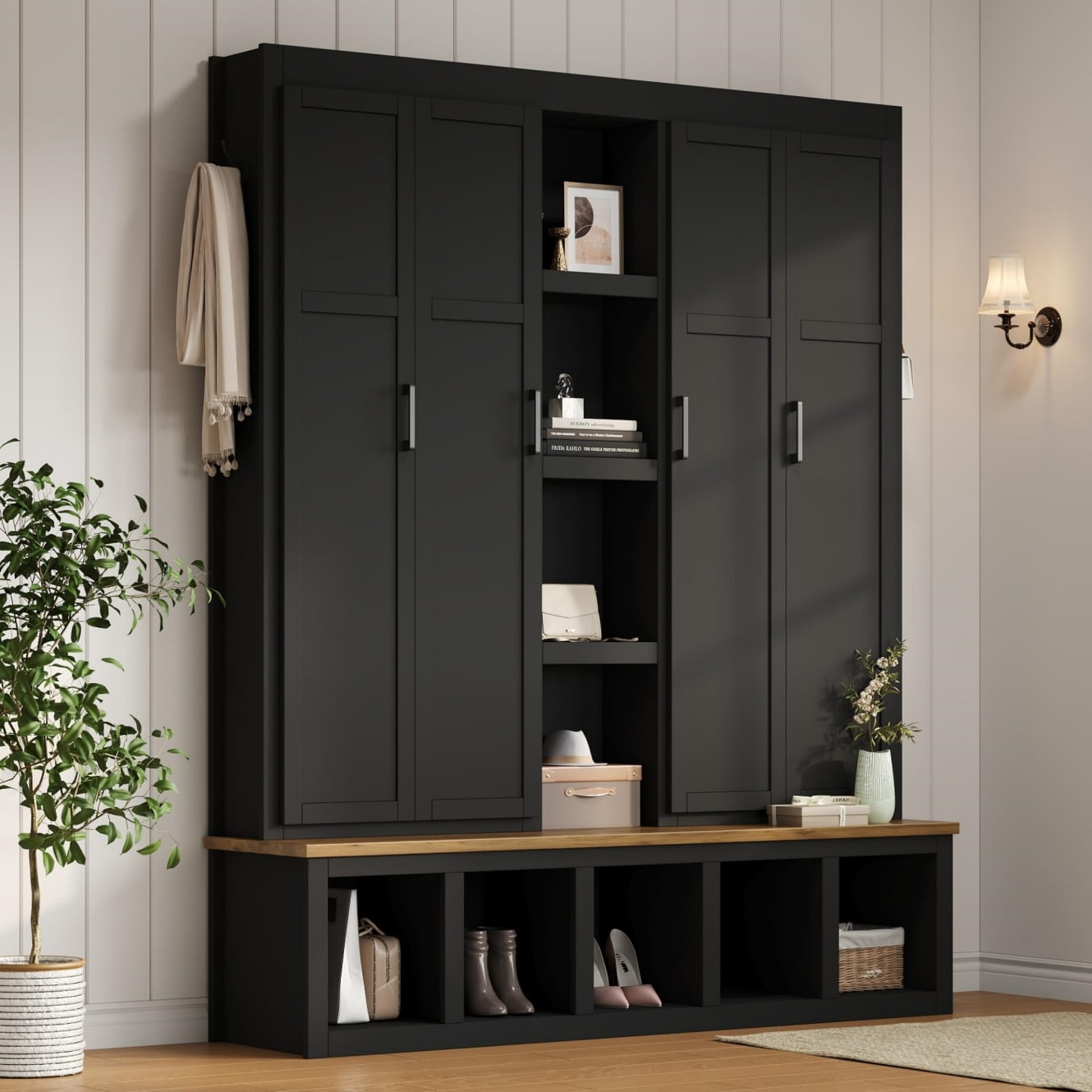 63-Farmhouse-Hall-Tree-with-Bench-and-Shoe-Storage-4-in-1-Entryway-Bench-with-4-Storage-Cabinets-5-Shoe-Cabinets-and-6-Hanging-Hooks-Black_1f549d86-fba9-4588-a8f8-73b1385b4412.01d2306