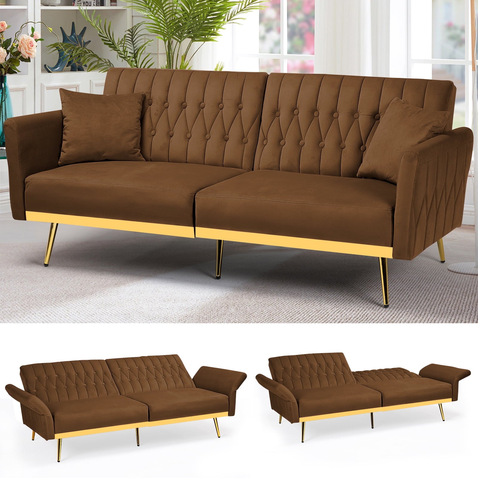 ACMEASE-70-Velvet-Futon-Sofa-Bed-with-Adjustable-Armrests-and-2-Pillows-Convertible-Futon-Couch-Brown_13847bea-0e91-434d-96cf-e5e04fefe3b4.b7f41bd789f1a24c710e50cc5614d3c9