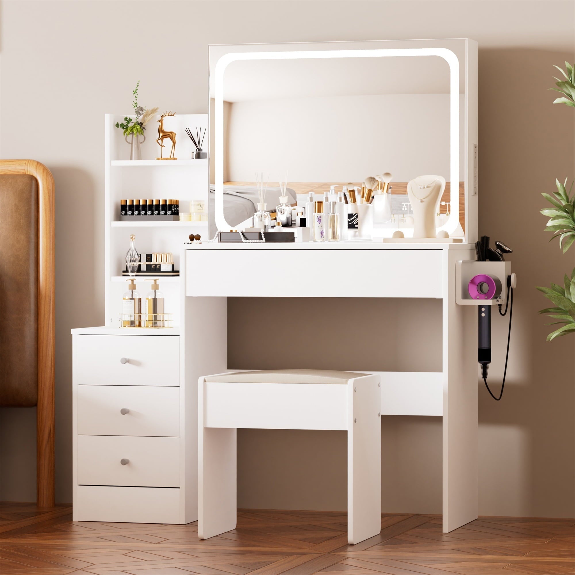 Alvantor-Makeup-Vanity-Desk-with-Mirror-Lights-Dressing-Table-with-Power-Outlet-and-Hairdryer-Shelving-Vanity-Set-with-Upholstered-Stool-White_724661ad-44c0-4441-b4e1-e561feb80a59.120
